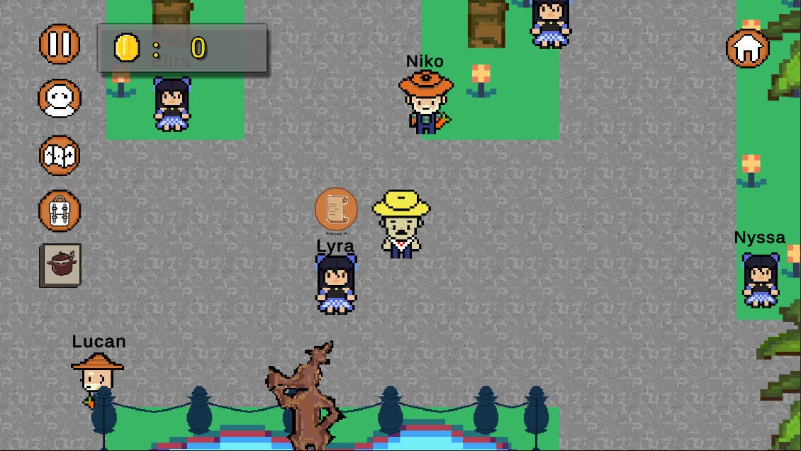 La plaza de Arequipa en el juego, con Lyra, Niko, Lucan y Nyssa.